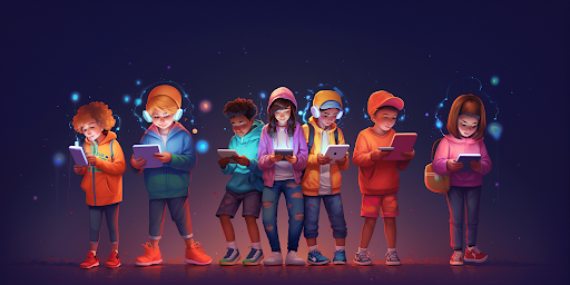 computer generated image of seven diverse children staring at their mobile devices.