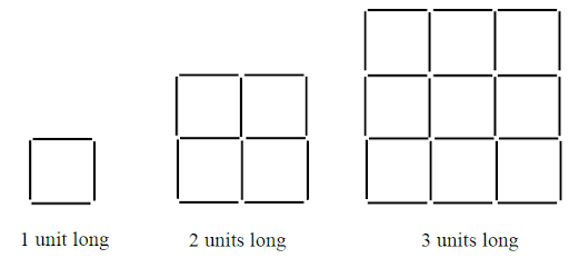 1 square equal 1 unit long 4 squares equal 2 units long 9 squares equal 3 units long