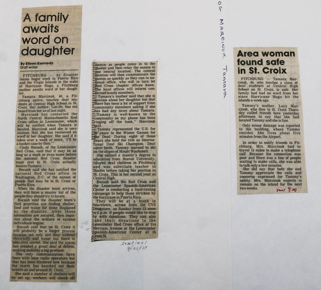 Photo of two articles Fitchburg paper in 1989 detailing how renowned local deaf champion skier, Tamara Marcinuk, who was teaching in St. Croix, Puerto Rico was initially not heard from after the island was hit by major hurricane, Hugo.