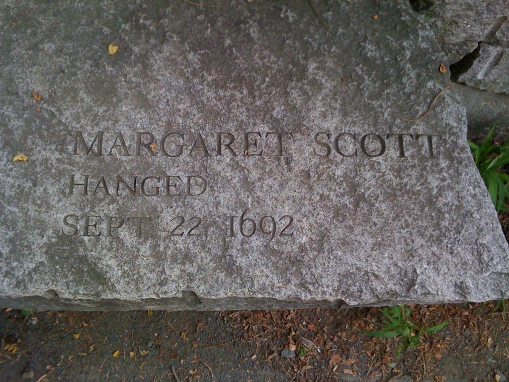 A stone marker engraved with: Margaret Scott, Hanged, Sept 22, 1692
