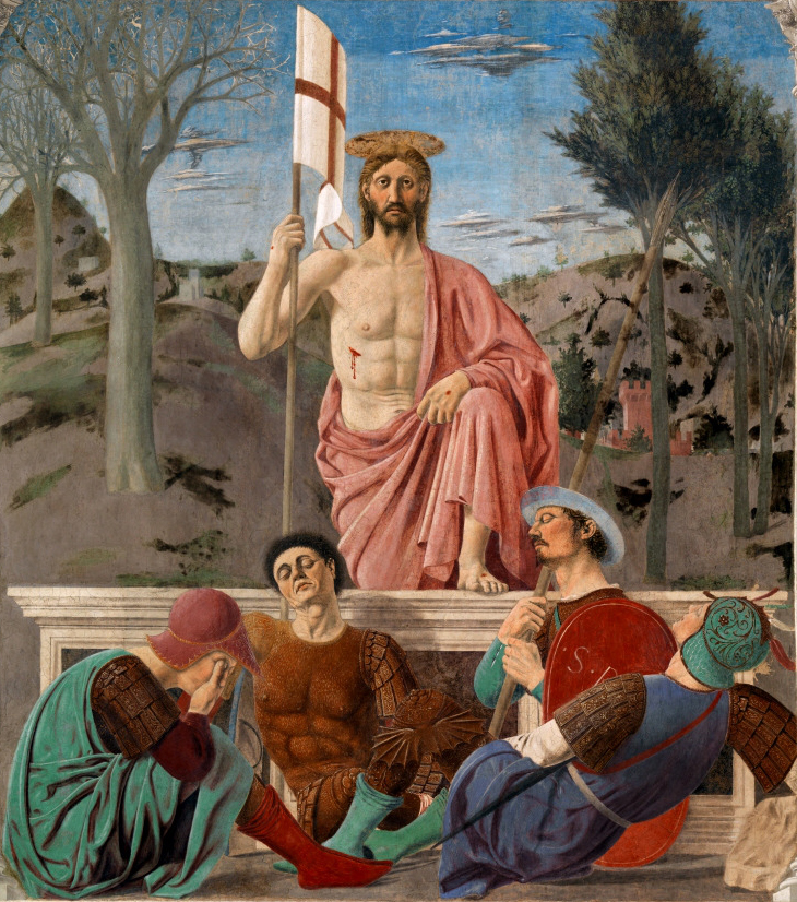 Painting with bright colors of a half-robed Christ with a wound in his side stepping onto a platform in the center of the painting holding a flag; four people with eyes closed are on the ground near his feet.