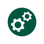 Green background with white icon of two cogs, one larger than the other
