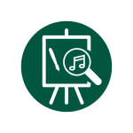 Green background with white icon of an easel with a magnifying glass over a musical note