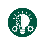 Green background with white icon of a light bulb that is half a brain with lines representing light coming out and two cogs on either side