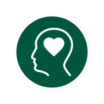 Green background with white icon of a human head with a heart inside