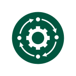Green background with white icon of a cog surrounded by arrows leading to each other in a circle