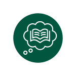 Green background with white icon with a thought bubble with an open book inside