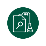Green background with white icon of a beaker with a tube connected to a piece of paper with a magnifying glass