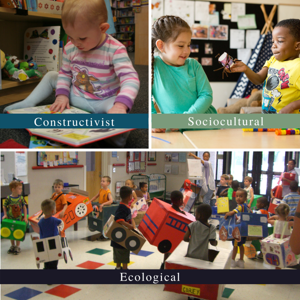 Three images combined into one. First, A child sits on the floor looking at a book. Constructivist is written across the bottom of the image. Second, Two children stand at a table. One child offers the other child a toy. Socio-cultural is written across the bottom of the image. Third, Children stand inside cardboard vehicles getting ready to be part of a parade. Ecological is written at the bottom of the image.