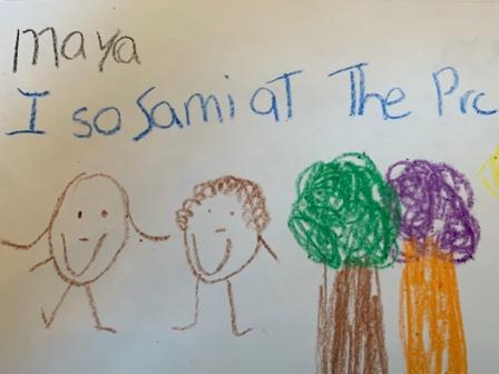 color drawing with writing" Maya I so Sami at the Prc" and two stick figures and two trees.