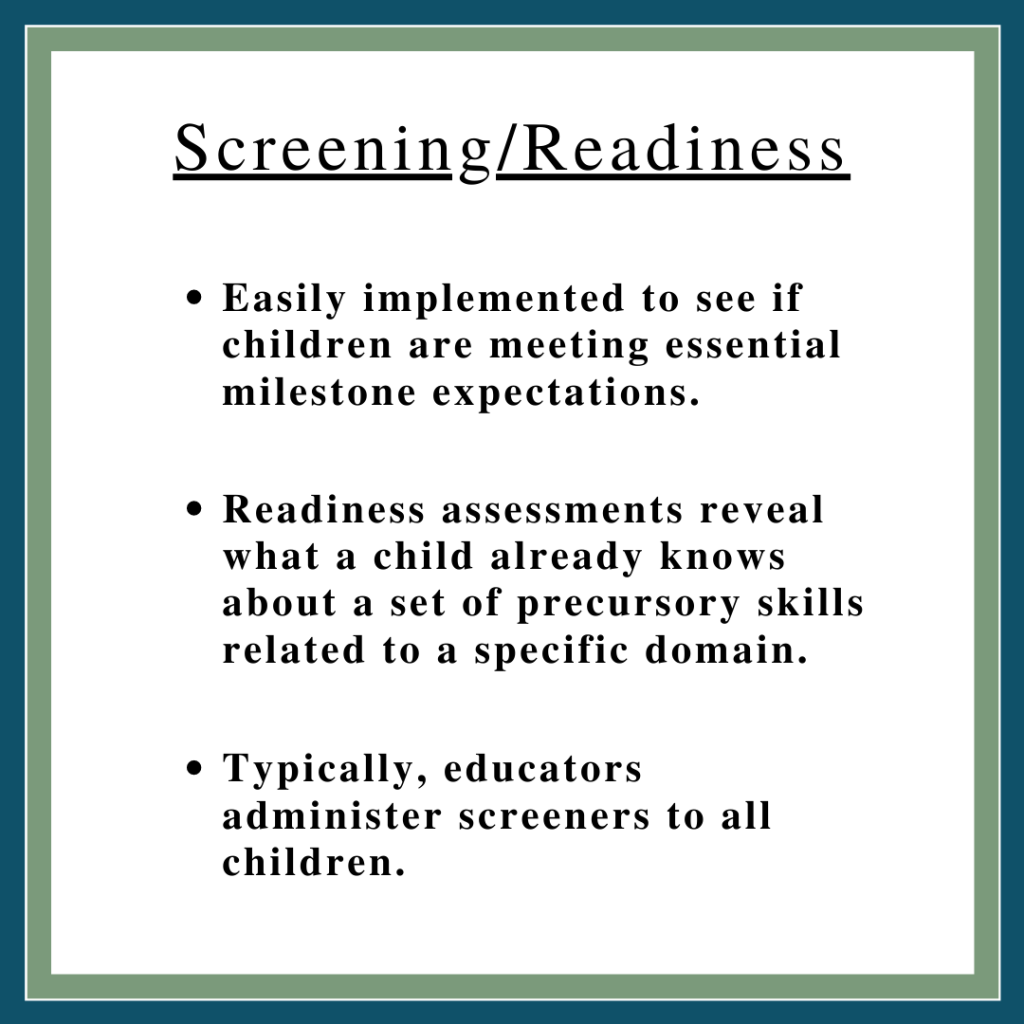 Box says Screening/Readiness at the top. First bullet says, Easily implemented to see if children are meeting essential milestone expectations. Second bullet says, Readiness assessments reveal what a child already knows about a set of precursory skills related to the specific domain. Third bullet says, Typically educators administer screeners to all children.