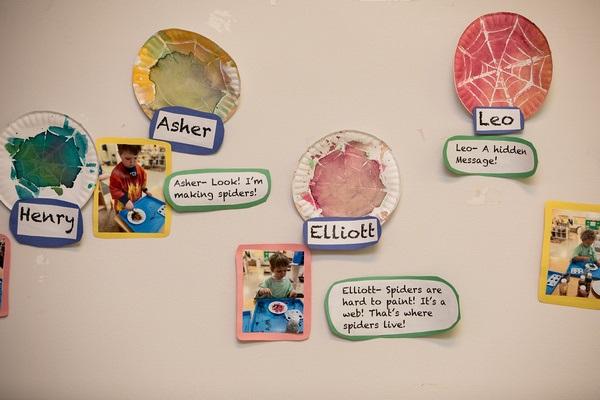 A display of the photos of children's artwork, in which the children’s verbal statements regarding the art experience are recorded and also displayed, enhances the print-rich environment.