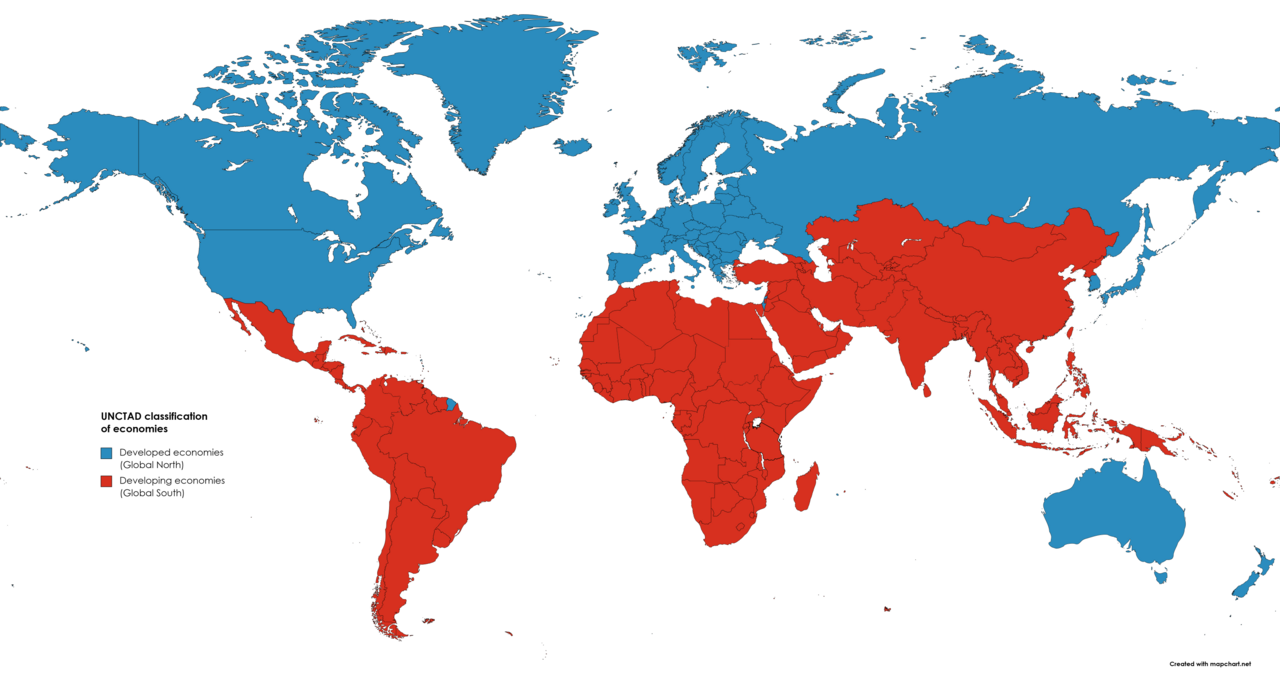 Image of a map of the world divided into Global North and Global South.