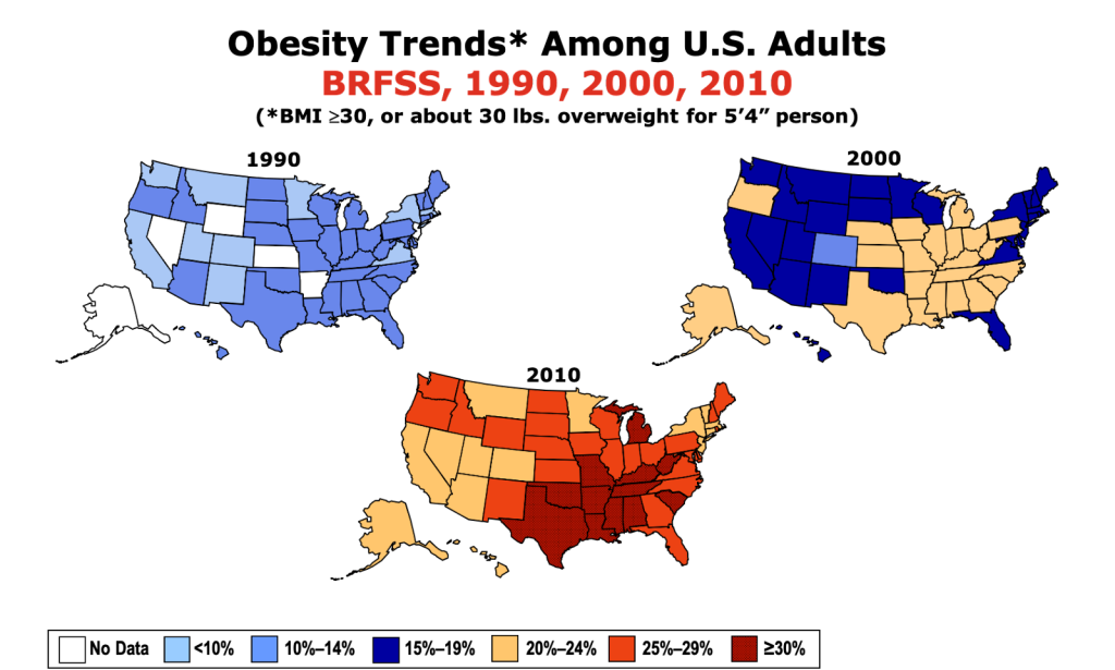 image comparing obesity trends in the U.S. in 1990, 2000, and 2010