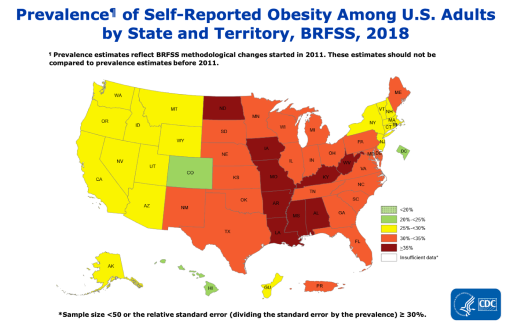 map of prevalence of self-reported obesity among U.S. adults by state and territory, BRFSS 2018