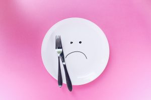 Image of frown face on plate with fork and knife