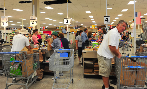 Image of the checkout lanes at a supermarket