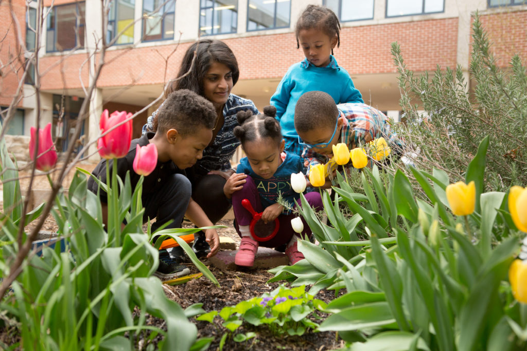 Image of preschool students look for signs of spring in a school garden.