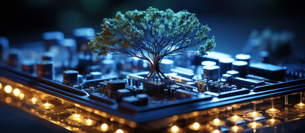 Tree growing on computer circuit board Conceptual image of tree growing from the motherboard