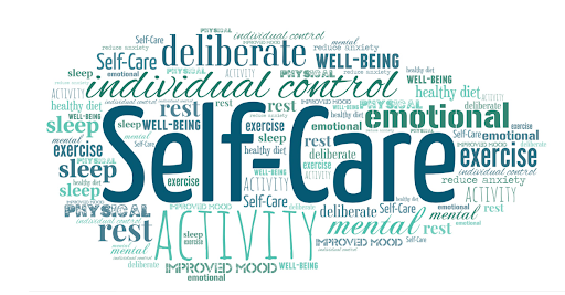 A word bubble around the term “Self Care.” Related terms include emotional, activity, well-being, deliberate sleep, exercise, reduced anxiety, rest, healthy diet, individual control, and other related terms.