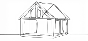 Single continuous black line drawing of a house frame