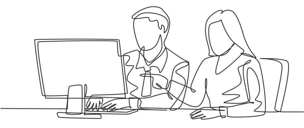 Single continuous line drawing of two young serious male and female worker watching sales chart on computer screen. Sales growth business concept one line draw design graphic vector illustration