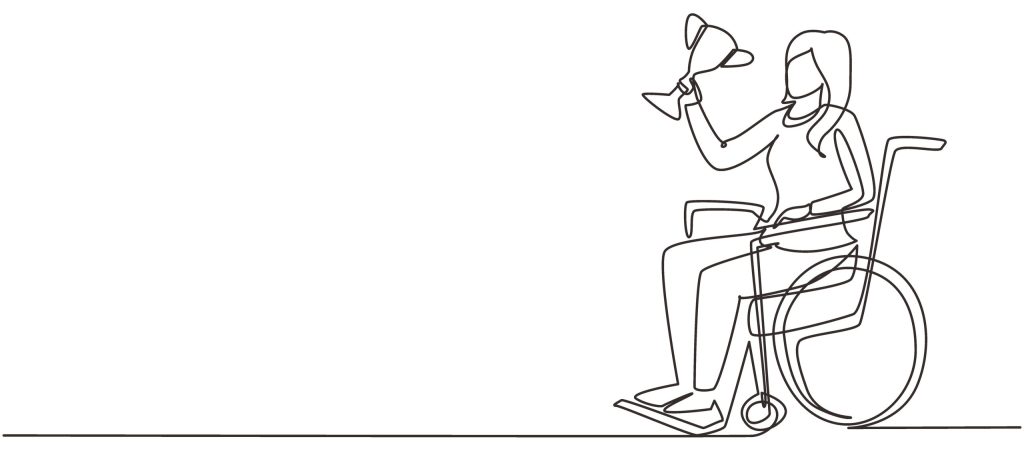 Single one line drawing happy woman in wheelchair hold golden cup trophy winner podium. Disabled person recovery. Sport game competition, training, challenge. Continuous line design vector