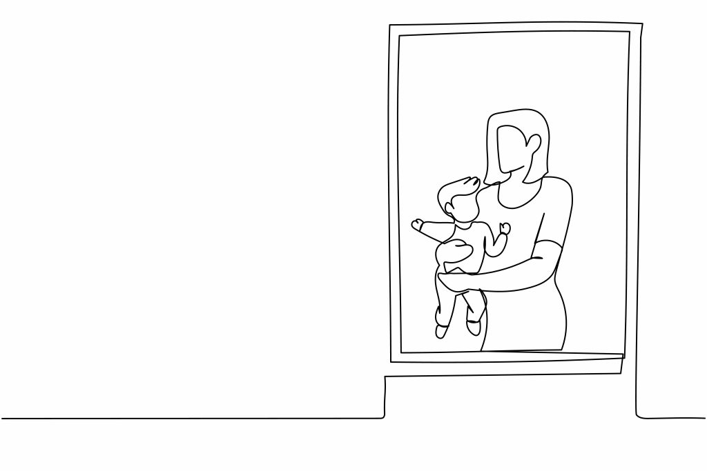 Continuous one line drawing woman holding newborn baby near window. Child lies on in mom's arms. Woman taking care of child.