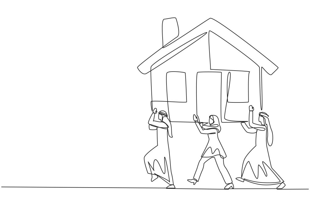 Single one line drawing group of businessmen and businesswomen work together carry miniature house.