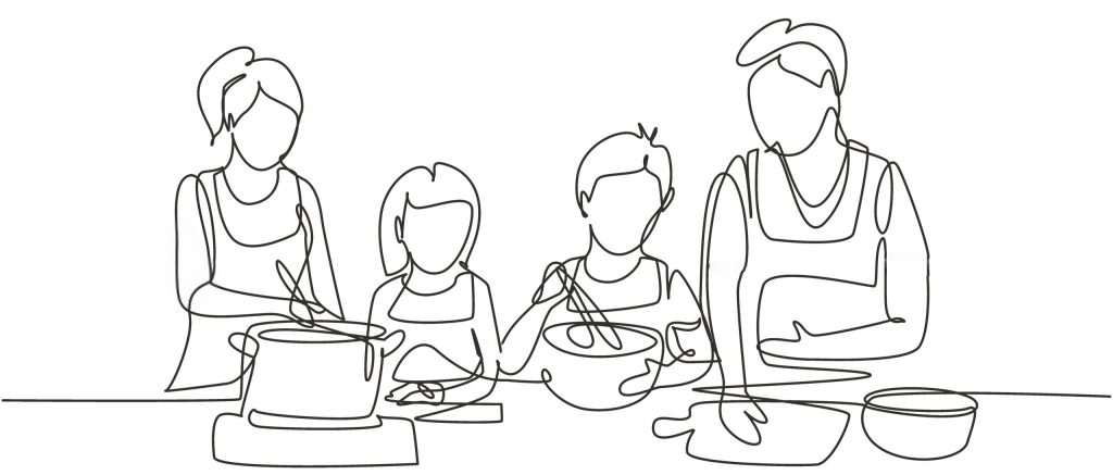 Continuous one line drawing happy family mom, dad, little daughter and son are cooking food in kitchen together, kitchenware, crockery, house, home. Single line draw design vector graphic illustration