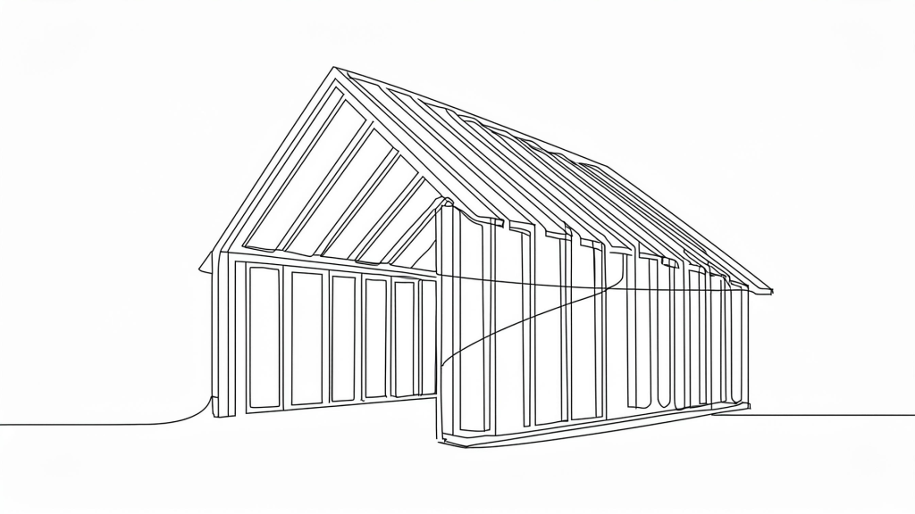 Single continuous black line drawing of a house frame