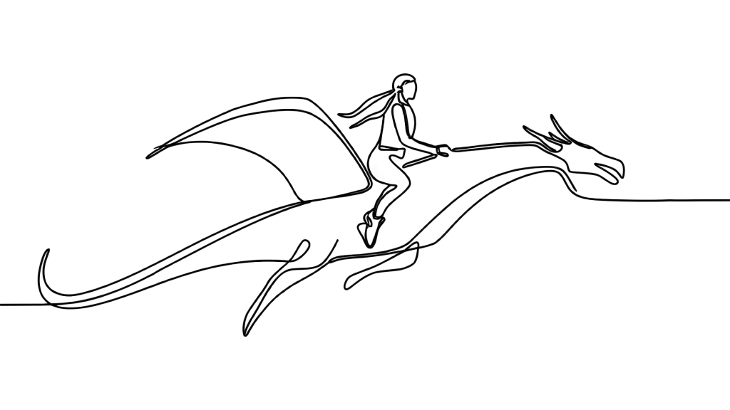 Single continuous line drawing woman riding flying dragon.