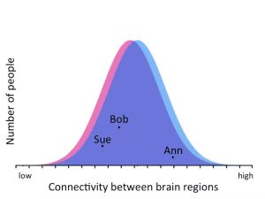 Figure shows distributions of a measure of brain connectivity of females and males. The distributions overlap nearly completely; the average for males is slightly higher (showing a statistically significant difference).