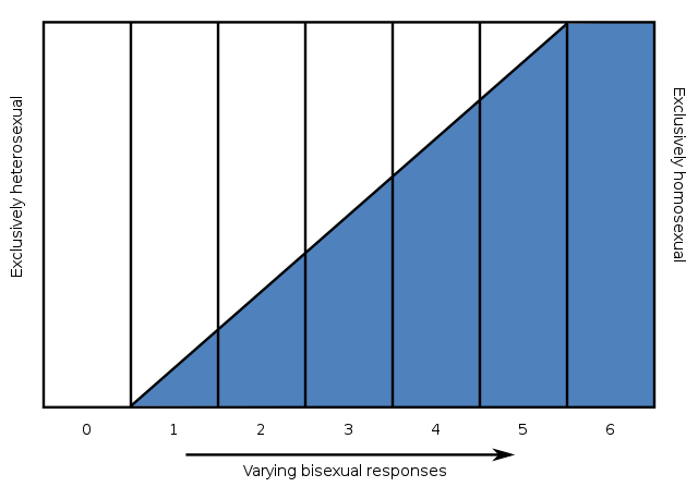 A graph depicting Kinsey's scale of varying bisexual responses from 0 to 6; rating definitions are listed in the caption