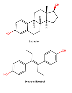 Comparison of the chemical structures of estradiol and diethylstilbestrol.