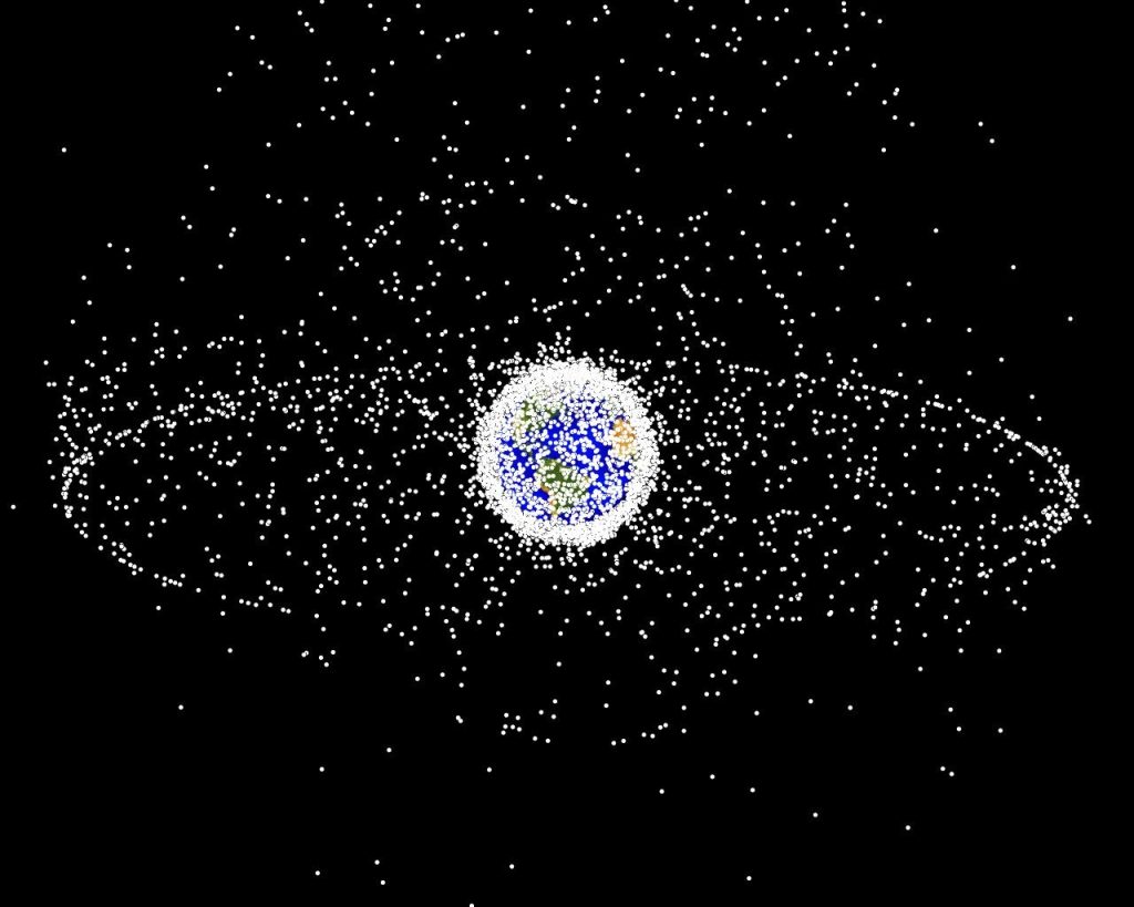 A computer-generated image representing the locations, but not relative sizes, of space debris as could be seen from high Earth orbit (HEO). The two main debris fields are the ring of objects in geosynchronous Earth orbit (GEO) and the cloud of objects in low Earth orbit