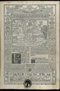 image of an aged page from a book with black and white image in the center with text directly below surround by ornate border.