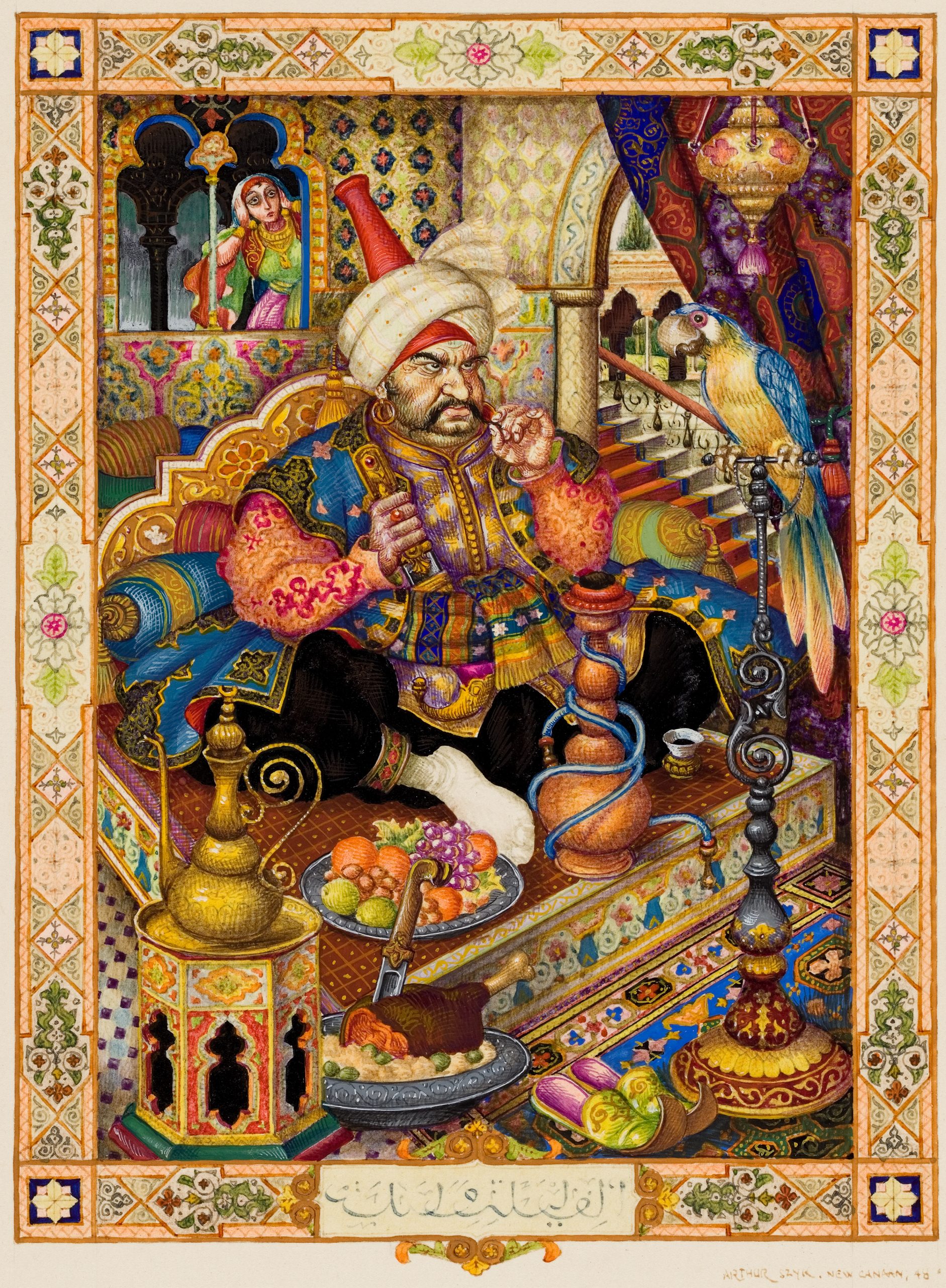 image of an Arabian man sitting in the center surrounded by food and drinks. A parrot on the right. In the background is a woman is peeking through the window.
