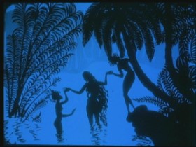 Blue silhouette of three people holding hands in tropical water scene