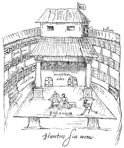 black and white sketch of a performance in progress with the stage in the center surrounded by three levels of seating.