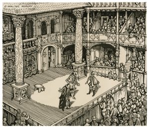 a black and white sketch of three people performing on a raised stage surrounded my audiences two levels high.