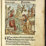 image of a book cover with text above and below an image. The image is of old man sitting on a chair on the left and a kneeling woman on the right. In the background are towers and trees.