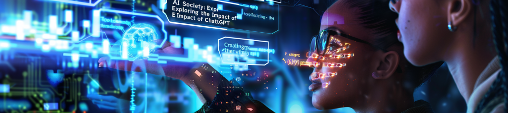 AI-generated image of two people reading a screen output with misspelled text: "AI Society: Expr Exploring the Impact of E Impact of ChatlGPT" and "Craating ther viimy."