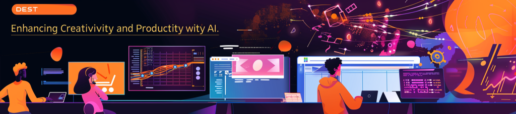 AI-generated image with incomplete and misspelled text: "DEST" in an orange colored bubble above "Enhancing Creativivity and Productity wity AI."