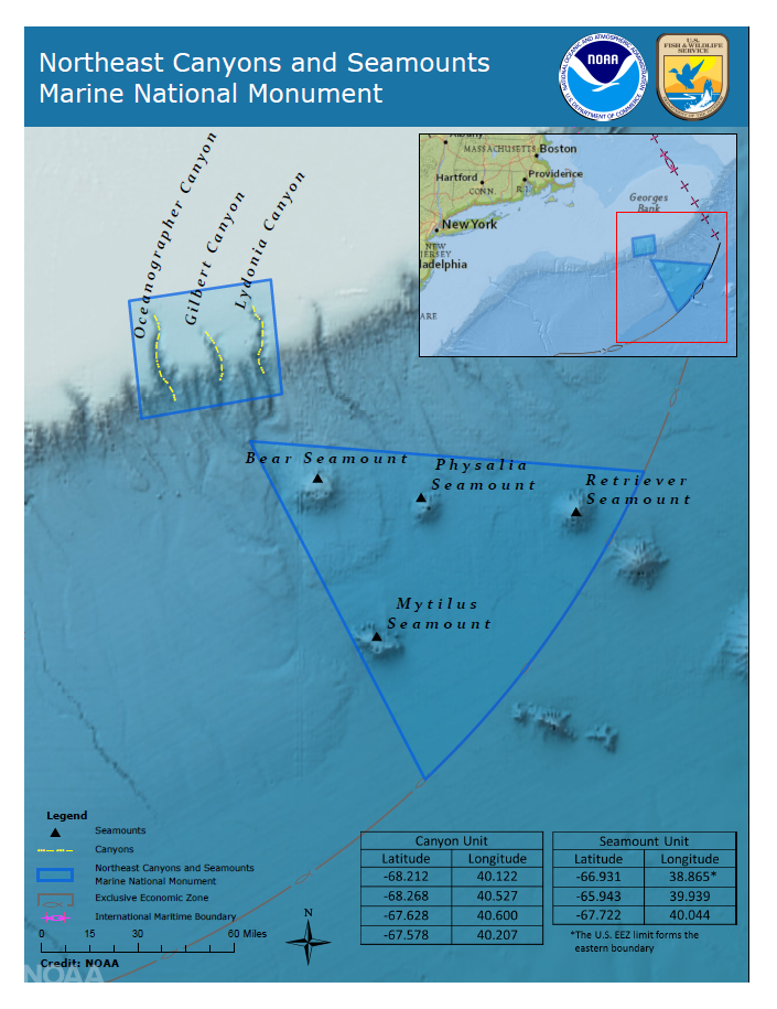 A geological map of the Northeast Canyons and Seamounts in the Marine National Monument. Three canyons and four seamounts are marked and there is a legend in the lower left-hand corner with their coordinates.