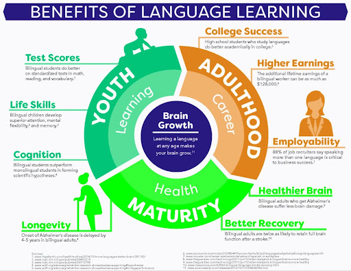 An infographic titled "Benefits of Language Learning," and the categories: "Test Scores," "Life Skills," "Cognition," "Longevity," "Better Recovery," "Healthier Brain," "Employability," "Higher Earnings," and "College Success"