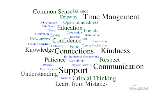 Word cloud with list: Communication Compassion Empathy Understanding Kindness Time Management Rest Hobbies Learn from Mistakes Connections Support Accessibility Respect Math Love Physical Activity Friends Open-mindedness Critical Thinking Knowledge Coping Mechanisms Environmental Connections Patience Balance Common Sense Confidence Perseverance Determination Cooperation Social Awareness Food Water Friends Safe Space Sense of Self Resources Motivation Listening Practice Mentors Education