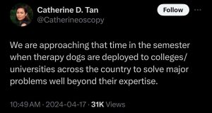 A quote from Catherine D. Tan We are approaching that time in the semester when therapy dogs are deployed to colleges/universities across the country to solve major problems well beyond their expertise 10:49 AM- April 17, 2024