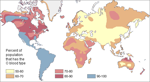 World map showing the different percentage of O blood type in different regions