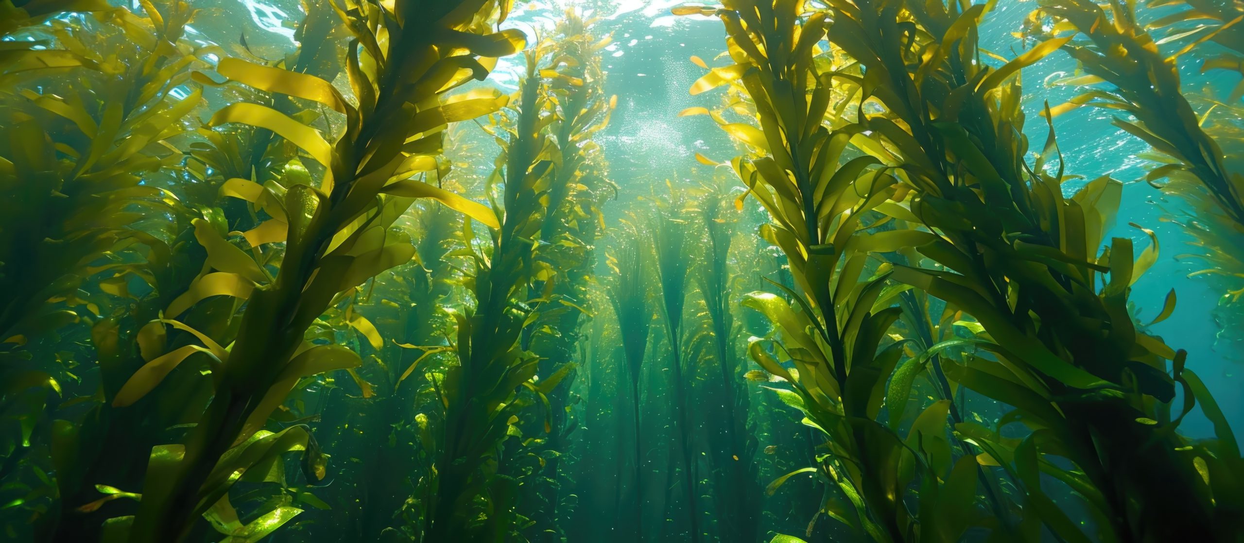 A kelp forest with tall stalks reaching the water surface, mainly exhibiting Ecklonia maxima from below.